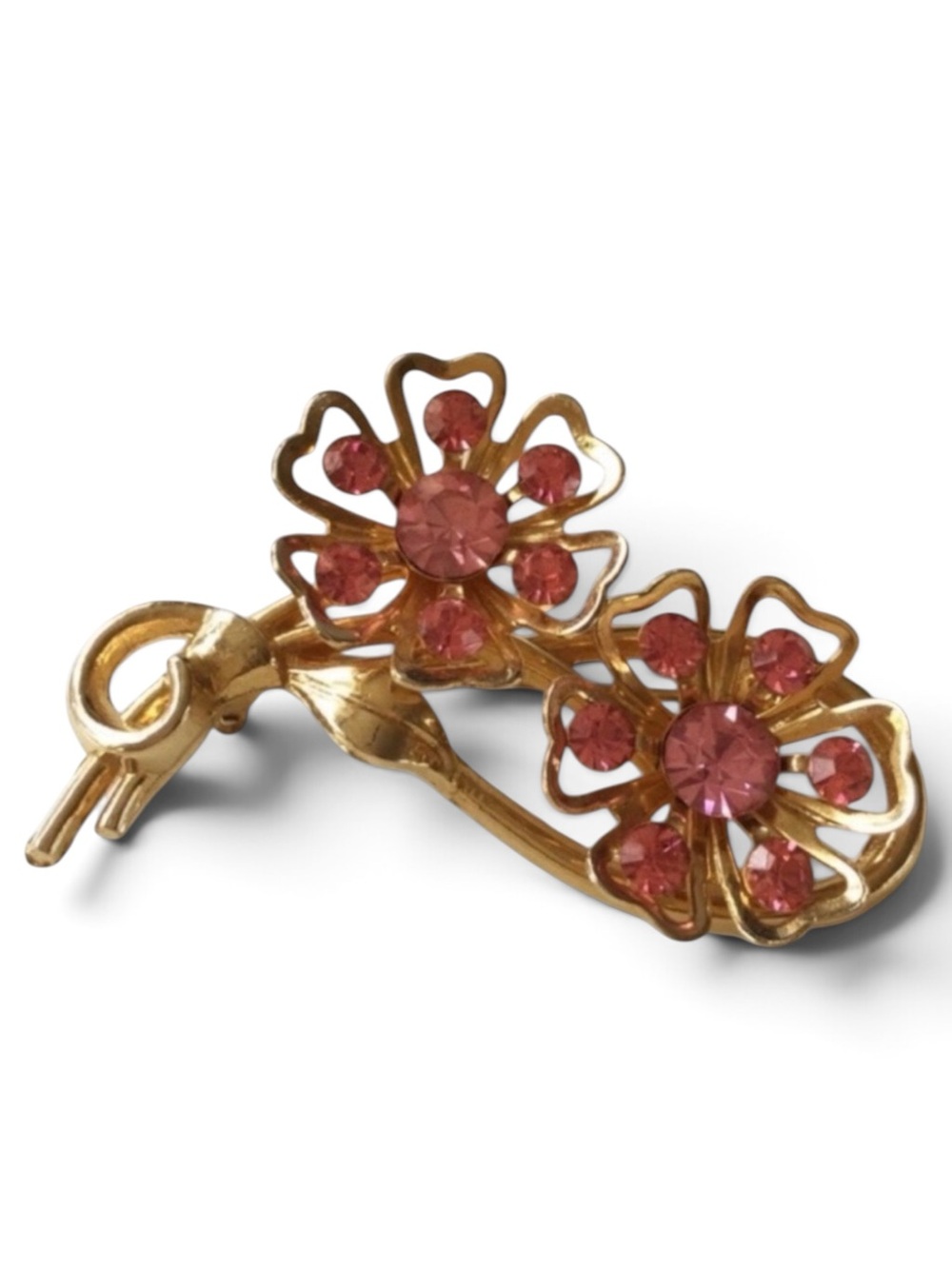 Vintage CORO Double Floral Brooch – 1950s Gold‑Tone, Rare Pink Rhinestones - Picture 7 of 12